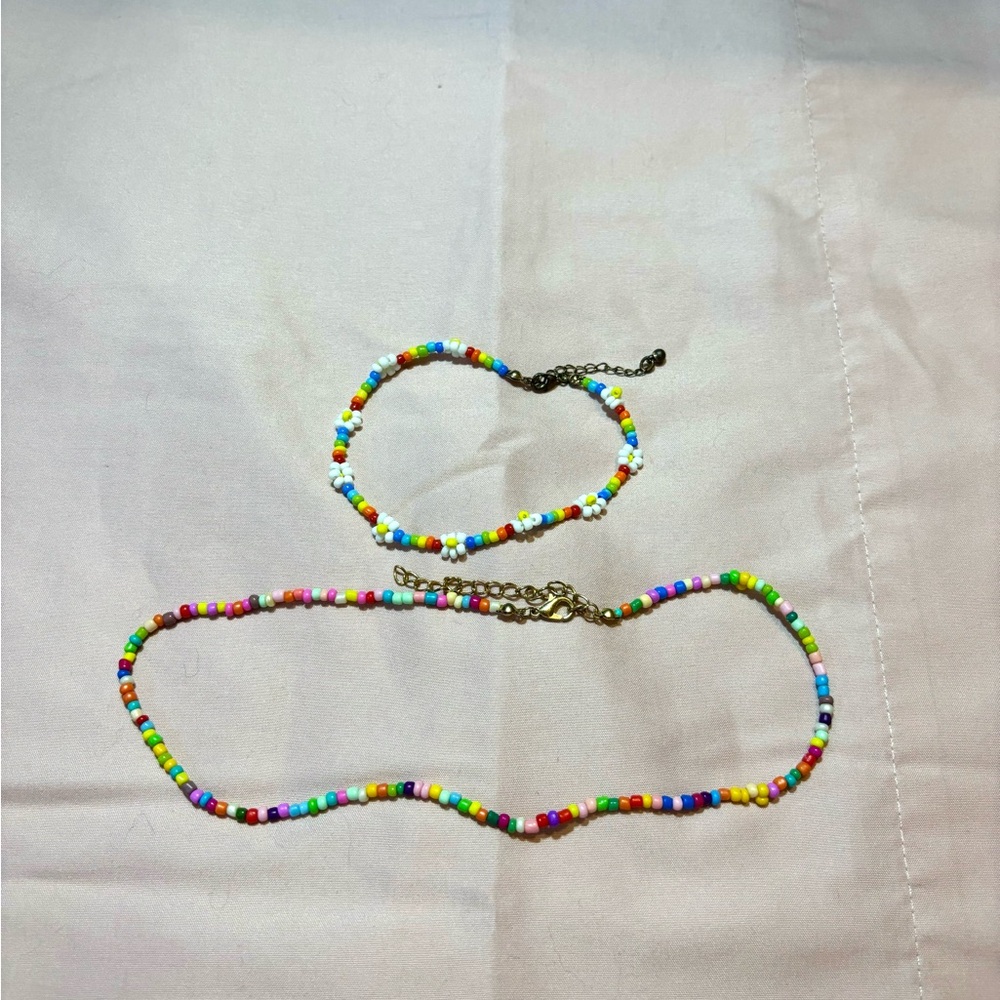 cute indie rainbow beaded bracelet and necklace 2pcs set 🌈